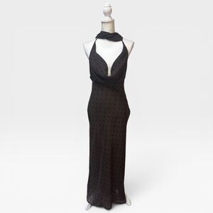 Zara S Brown Flocked Polka Dot Halter Maxi Dress Open Back Scarf Neck